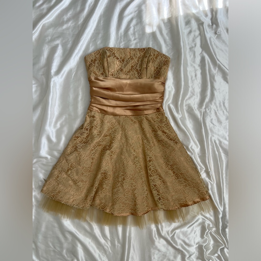 Vintage Masquerade Champagne Lace Strapless Party Dress